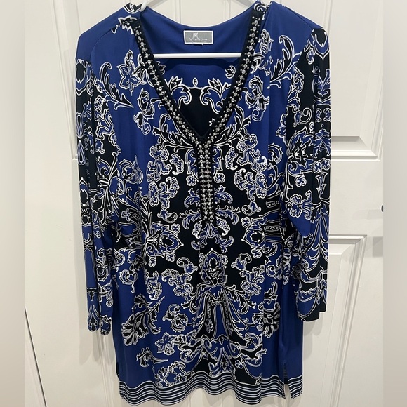 JM Collection XL to 1X Blue and Black Patterned Blouse - Picture 1 of 7